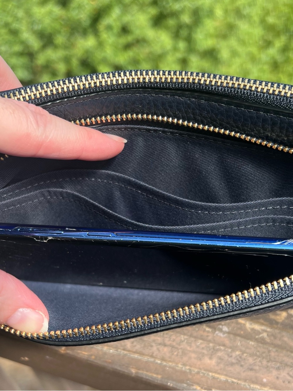 COACH Women's Double Zip Wallet Wristlet Navy Blue Pebbled Leather Gold Hardware - Picture 8 of 10